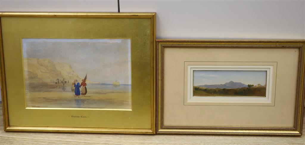 19th century English School, oil on board, Italian landscape, initialled SH, label verso, 5.5 x 15.5cm, and a watercolour after David C